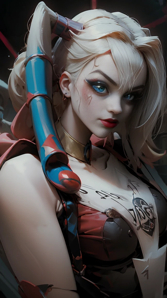 Dark Wizard Gils dressed as Harley Quinn. She has blonde and black hair. Blue eyes. red lips. Maga Oscura is dressed as Harley Quinn. Sensual and innocent pose. circus background 