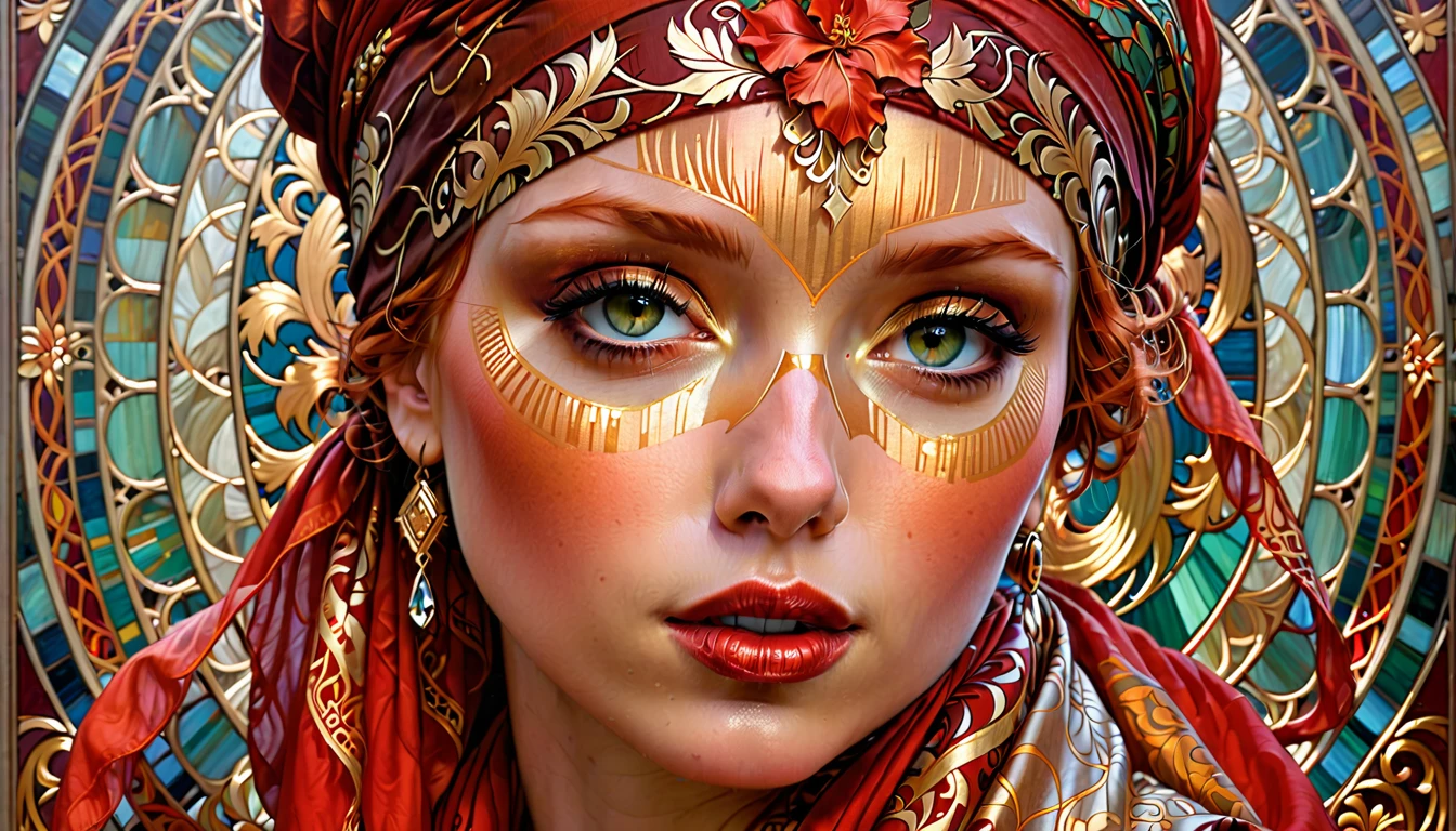 painting of a woman with a red head scarf and a red scarf, craig mullins alphonse mucha, martin ansin artwork portrait, inspired by James C. Christensen, centered portrait, mucha klimt and tom bagshaw, hyperrealistic art nouveau, artgerm and craig mullins, alphonse mucha and craig mullins, beautiful portrait, tom bagshaw donato giancola