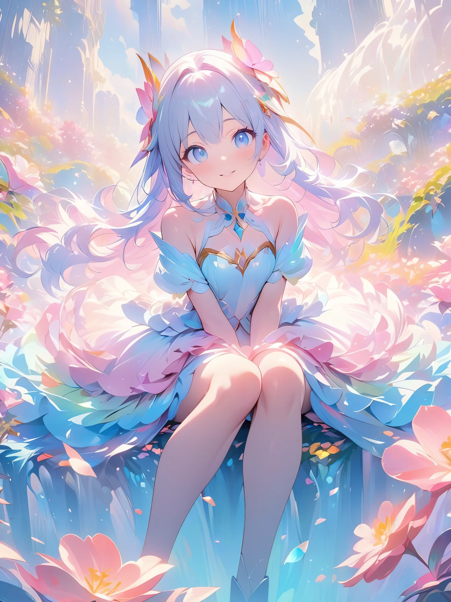 Solo,A young girl in a princess dress with a petal skirt, sitting on a giant oversized_flower, smiling peacefully. The scene is highly detailed, with vivid and delicate pastel colors, an ethereal and serene atmosphere, and awe-inspiring transcendent beauty. The focus is on the girl's face, with extremely detailed and beautiful eyes, lips, and features, in the style of an anime illustration. (best quality,4k,8k,highres,masterpiece:1.2),1girl,(minigirl sitting on top of a giant flower),smiling on_flower,ultra-detailed,delicate,pastel color palette,ethereal atmosphere,peaceful,serene,vividly colored blossoms,transcendent beauty,awe-inspiring artwork,face focus,anime illustration