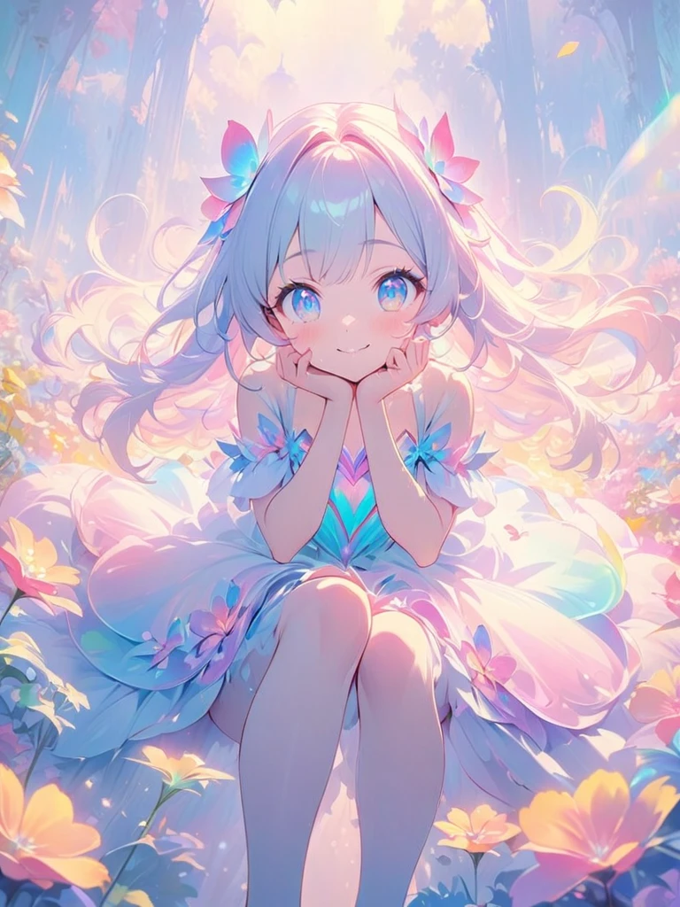 Solo,A young girl in a princess dress with a petal skirt, sitting on a giant oversized_flower, smiling peacefully. The scene is highly detailed, with vivid and delicate pastel colors, an ethereal and serene atmosphere, and awe-inspiring transcendent beauty. The focus is on the girl's face, with extremely detailed and beautiful eyes, lips, and features, in the style of an anime illustration. (best quality,4k,8k,highres,masterpiece:1.2),1girl,(minigirl sitting on top of a giant flower),smiling on_flower,ultra-detailed,delicate,pastel color palette,ethereal atmosphere,peaceful,serene,vividly colored blossoms,transcendent beauty,awe-inspiring artwork,face focus,anime illustration