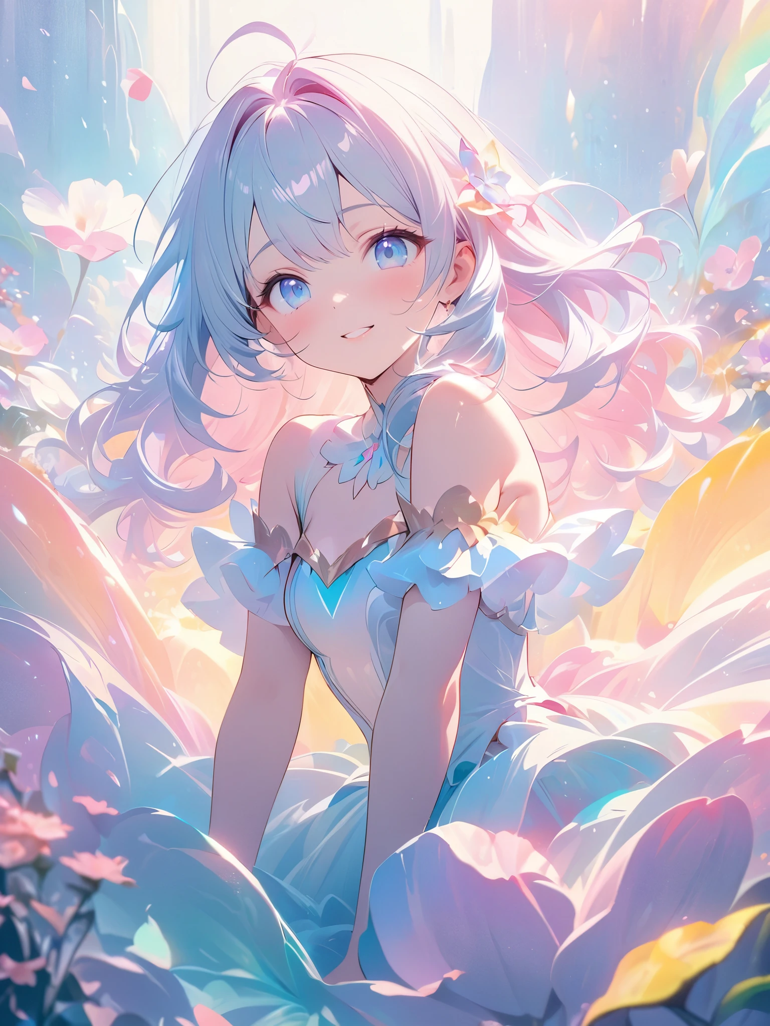 Solo,A young girl in a princess dress with a petal skirt, sitting on a giant oversized_flower, smiling peacefully. The scene is highly detailed, with vivid and delicate pastel colors, an ethereal and serene atmosphere, and awe-inspiring transcendent beauty. The focus is on the girl's face, with extremely detailed and beautiful eyes, lips, and features, in the style of an anime illustration. (best quality,4k,8k,highres,masterpiece:1.2),1girl,(minigirl sitting on top of a giant flower),smiling on_flower,ultra-detailed,delicate,pastel color palette,ethereal atmosphere,peaceful,serene,vividly colored blossoms,transcendent beauty,awe-inspiring artwork,face focus,anime illustration