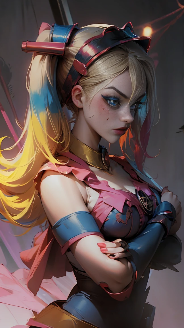 Dark magician Gils dressed as Harley Quinn. She has blonde and black hair. blue eyes. red lips. Dark magician girl is dressed as Harley Quinn. Sensual and innocent pose. circus background 