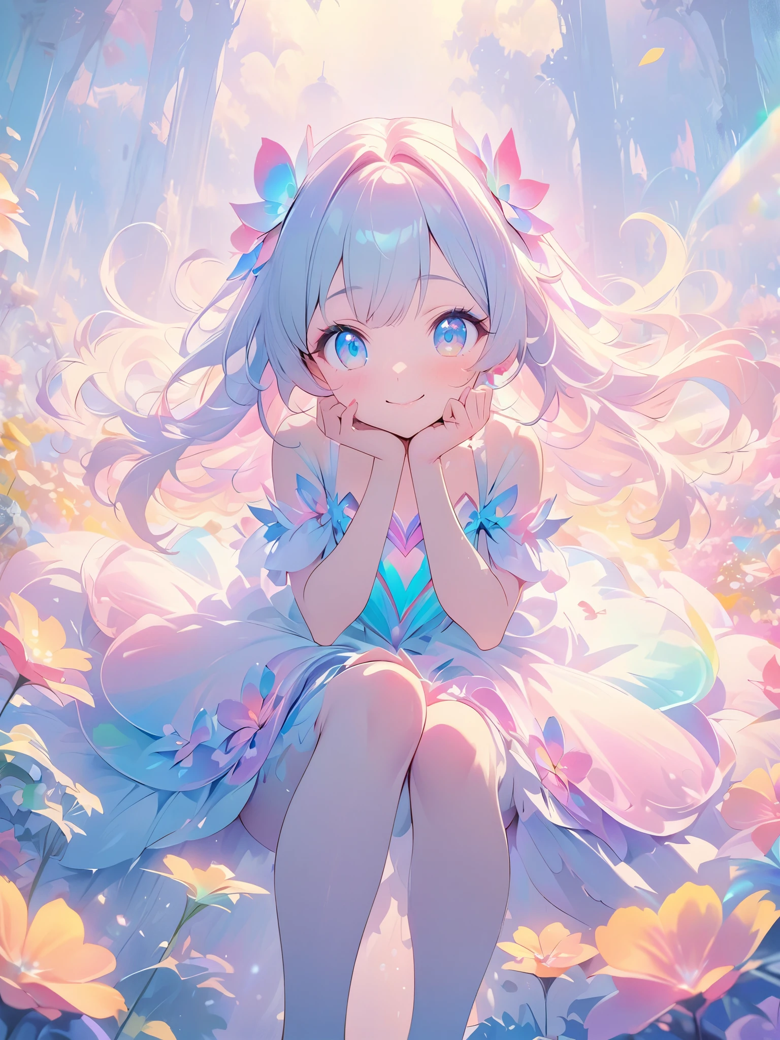 Solo,A young girl in a princess dress with a petal skirt, sitting on a giant oversized_flower, smiling peacefully. The scene is highly detailed, with vivid and delicate pastel colors, an ethereal and serene atmosphere, and awe-inspiring transcendent beauty. The focus is on the girl's face, with extremely detailed and beautiful eyes, lips, and features, in the style of an anime illustration. (best quality,4k,8k,highres,masterpiece:1.2),1girl,(minigirl sitting on top of a giant flower),smiling on_flower,ultra-detailed,delicate,pastel color palette,ethereal atmosphere,peaceful,serene,vividly colored blossoms,transcendent beauty,awe-inspiring artwork,face focus,anime illustration