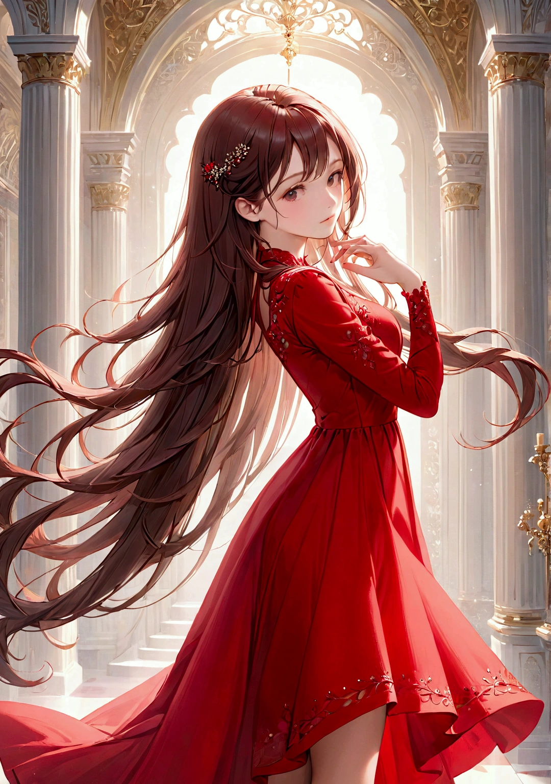 Long Hair,Stylish,Beautiful girl in a red dress,Real