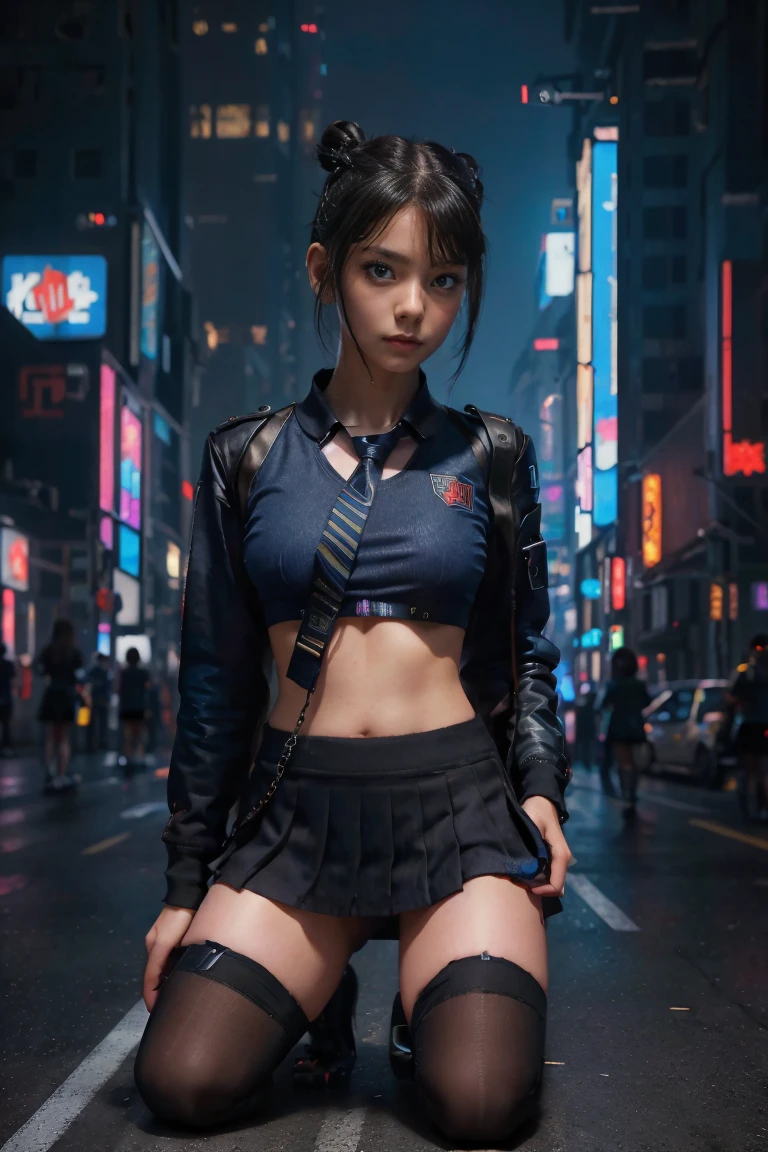 ((masterpiece, Best Quality, Best image quality, High resolution, Realistic, RAW Photo 8k))、((SF、Cyberpunk cityscape:1.2))、(European Girls)、Thin Nose、Beautiful Face, 1 female、beautiful girl、(Junior high school students:1.5)、(Bright dark blue eyes、Sharp Eye:1.2)、(beautiful girl:1.2)、(Black Hair、Undercut Hair、bun:1.2)、((cyberpunk Sexy School Uniform:1.2))、(Looking into the camera:1.3)、(Composition on knees:1.2)、((underboob:1.2))