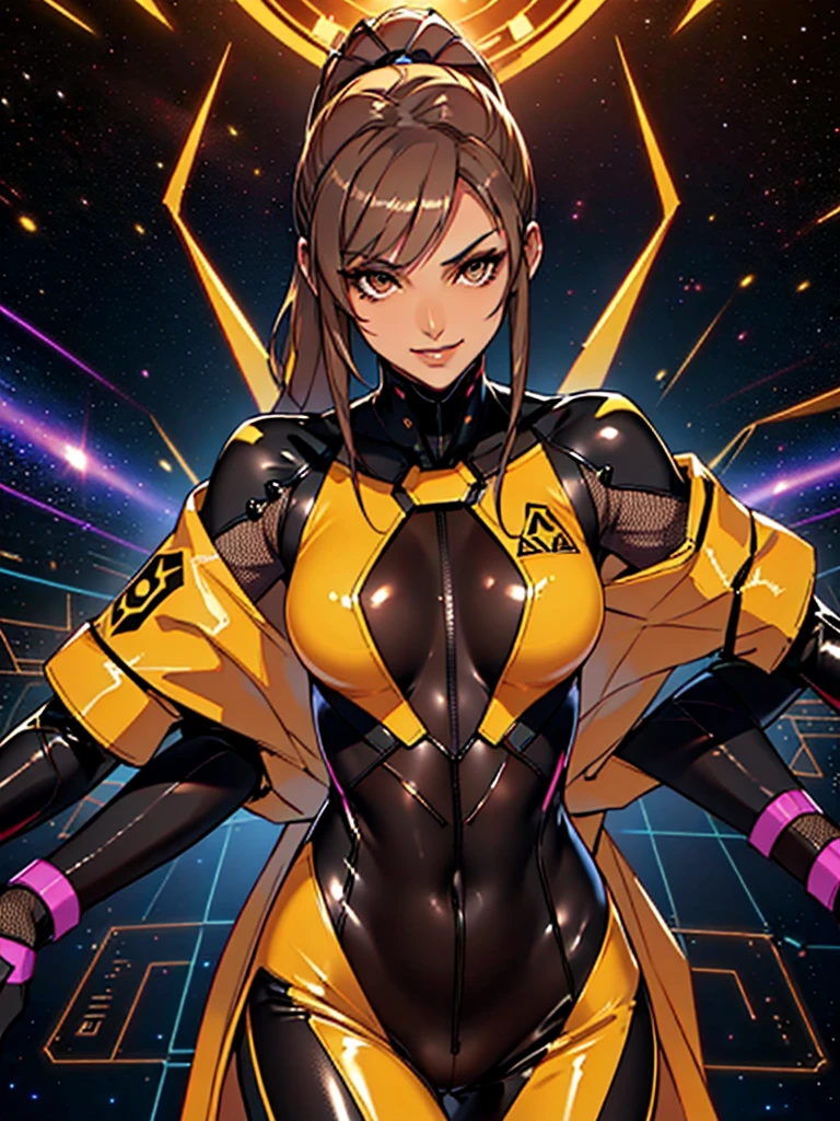 1girl, slender body, slim, extremely long ponytail, (((dark brown hair, brown eyes, tan skin))), brown skin, smirk, tight clothes, ((ochre and black latex bodysuit)), (black armor), (((hexagonal mesh))), ((extremely glossy)), cyberwear, space background, starship interior, space cockpit
