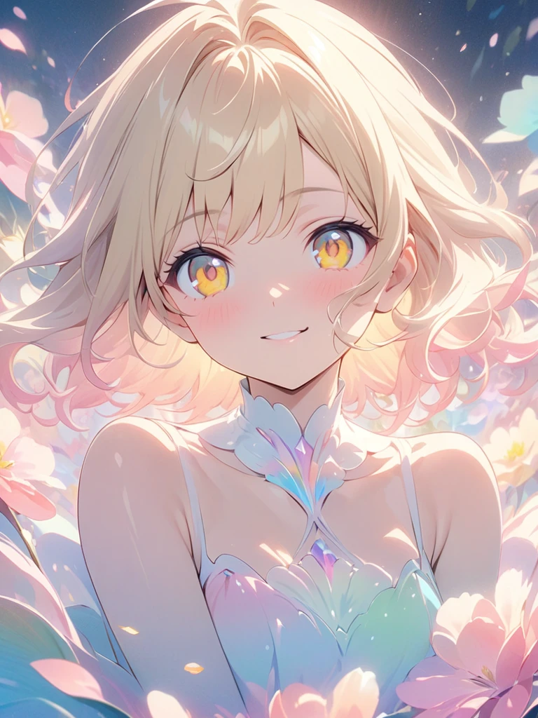 (best quality,4k,8k,highres,masterpiece:1.2),1girl,solo,(minigirl sitting on top of a giant flower),smiling on_flower,ultra-detailed,delicate,pastel color palette,ethereal atmosphere,peaceful,serene,vividly colored blossoms,transcendent beauty,awe-inspiring artwork,face focus,anime illustration,blond hair,gold eyes