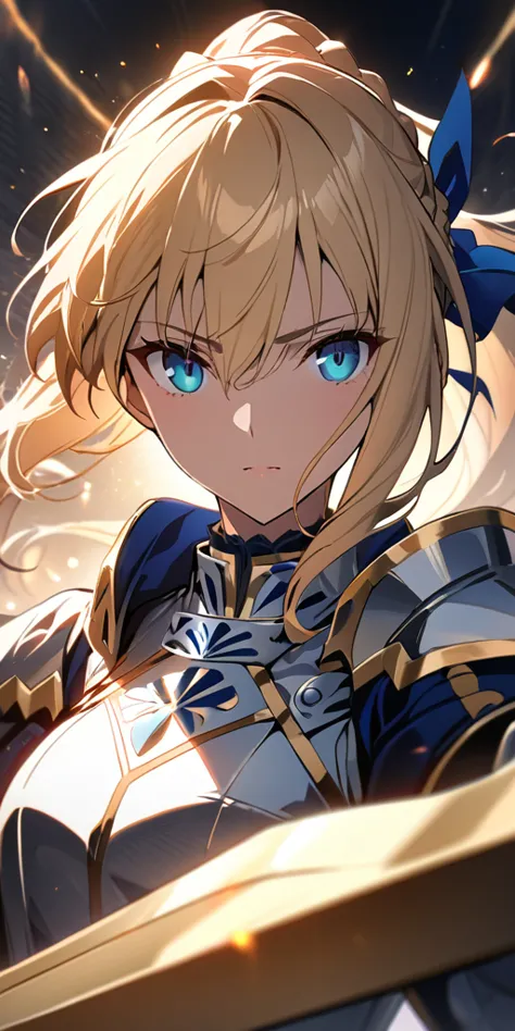 (masterpiece:1.2), (highest quality:1.2), perfect eyes, perfect face, perfect lighting,1girl，to know, holding sword artoria pend...