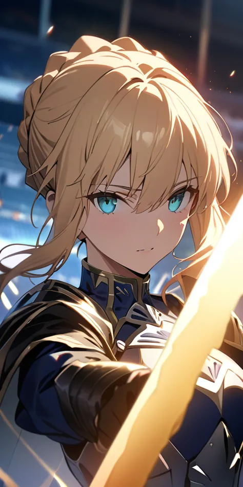 (masterpiece:1.2), (highest quality:1.2), perfect eyes, perfect face, perfect lighting,1girl，to know, holding sword artoria pend...