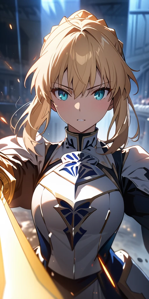 (masterpiece:1.2), (highest quality:1.2), Perfect Eyes, Perfect Face, Perfect lighting,1girl，to know, holding sword artoria pendragon \(fate\), fate \(series\) perspective beautiful, aesthetic, detailed, beautiful color amazing quality, best quality, high quality,Arena