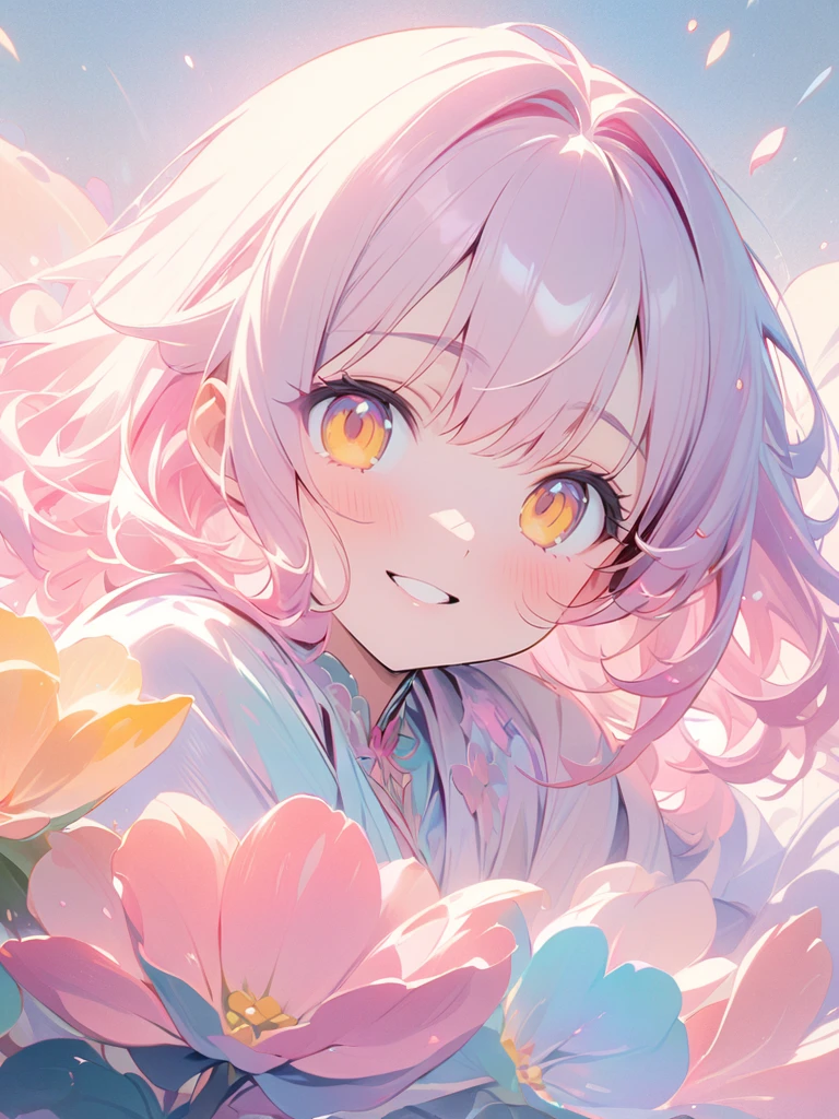 (best quality,4k,8k,highres,masterpiece:1.2),1girl,solo,(minigirl sitting on top of a giant oversized_flower),smiling on_flower,ultra-detailed,delicate,pastel color palette,ethereal atmosphere,peaceful,serene,vividly colored blossoms,transcendent beauty,awe-inspiring artwork,face focus,anime illustration,pink hair,gold eyes