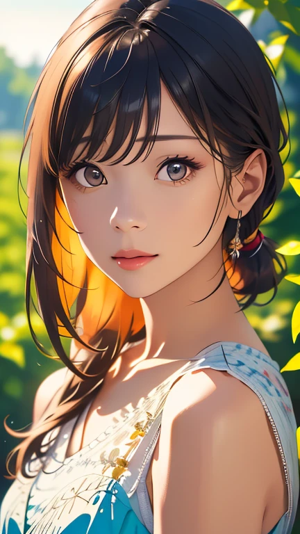 (hig彼st quality、8k、32K、masterpiece)、(Realistic)、(Realistic:1.2)、(High resolution)、Very detailed、Very beautiful face and eyes、1 girl、Round and small face、Narrow waist、Delicate body、(hig彼st quality、Attention to detail、Rich skin detail)、(hig彼st quality、8k、Oil paints:1.2)、Very detailed、(Realistic、Realistic:1.37)、Bright colors、Full Body Shot、Mid-chest、ponytail