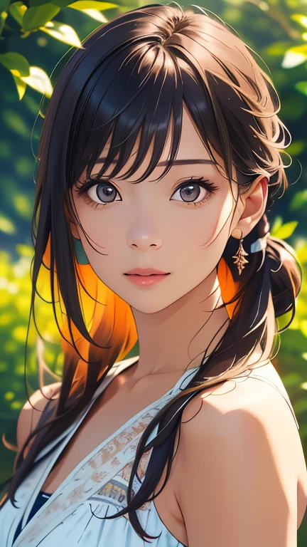 (hig彼st quality、8k、32K、masterpiece)、(Realistic)、(Realistic:1.2)、(High resolution)、Very detailed、Very beautiful face and eyes、1 girl、Round and small face、Narrow waist、Delicate body、(hig彼st quality、Attention to detail、Rich skin detail)、(hig彼st quality、8k、Oil paints:1.2)、Very detailed、(Realistic、Realistic:1.37)、Bright colors、Full Body Shot、Mid-chest、ponytail