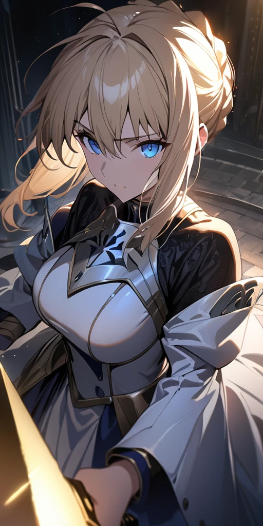 (masterpiece:1.2), (highest quality:1.2), Perfect Eyes, Perfect Face, Perfect lighting,1girl，to know, holding sword artoria pendragon \(fate\), fate \(series\) perspective beautiful, aesthetic, detailed, beautiful color amazing quality, best quality, high quality,Arena