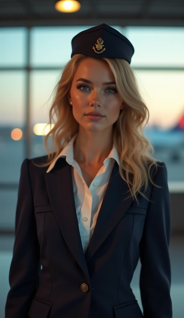 White women、Early 20s、Super beautiful face、Flight Attendant、Standing、Wearing makeup、Golden Hair、blue eyes、Airport in the evening、Large window at departure gate、View from the window in the background、Backlight、Shallow depth of field