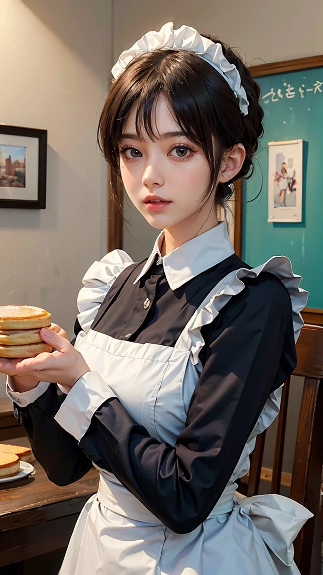 (Best Quality, 4K, masterpiece :1.3),Colourful works of art, Maid Cafe, Moemoezukyuun💕, break （Fluffy Pancakes）, A heart is drawn with strawberry sauce, Take a break with coffee, A charming maid stares at you, Coffee served with gentle hands, ARW