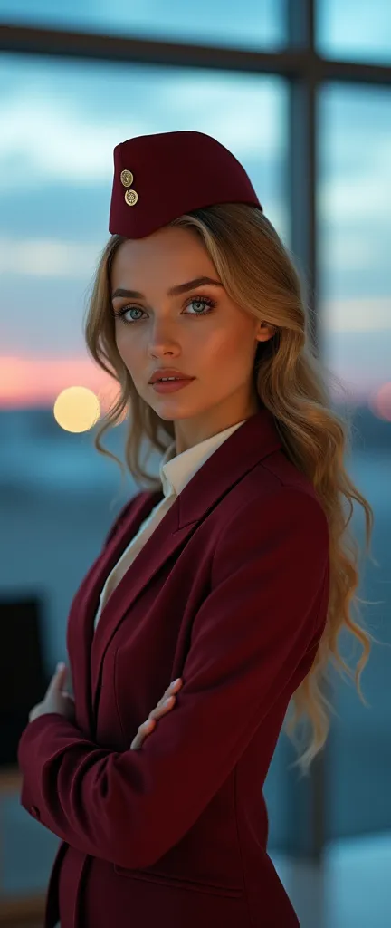 White women、Early 20s、Super beautiful face、Flight Attendant、Full body shot、tanding、Wearing makeup、Golden Hair、blue eyes、Airport in the evening、Large window at departure gate、View from the window in the background、Backlight、Shallow depth of field