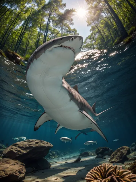 a shark with thick brown fur, swimming through a forest, 1 animal