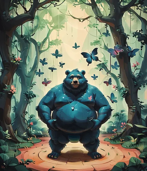 style of qi baishi, (cute, fat, obese, anthro, male, bear), solo, full body, ((cyan briefs)), dynamic pose, enchanted forest, ma...