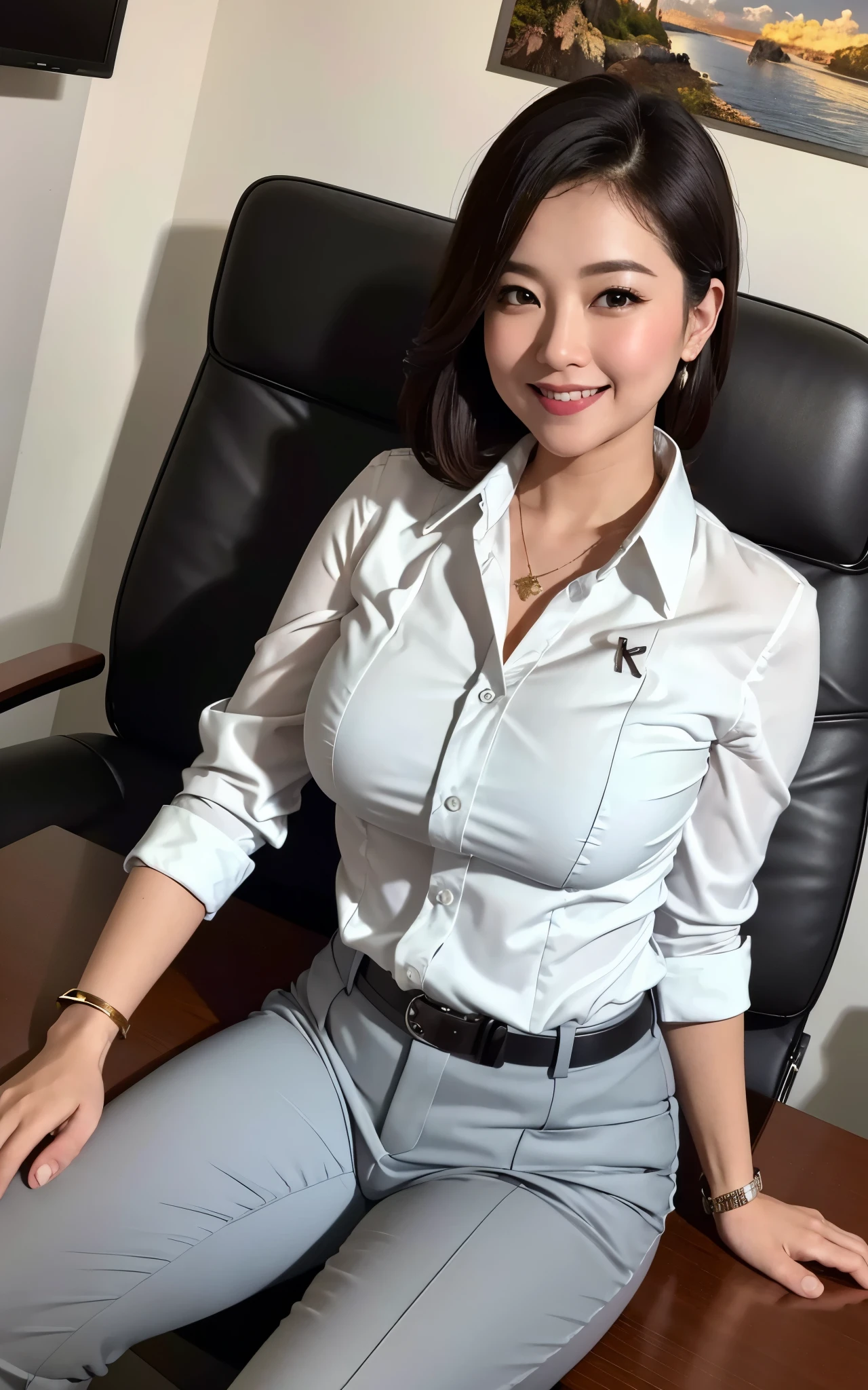 ((Best Quality, 8k, Masterpiecedetails, ultra-high resolution)), (looking at the viewer), (full shot:), attractive business 1 milf sitting down on office, desk, a bit chubby:0.25, white collared shirt, grey long pants, (laying down on office desks)), smile, office of CEO,