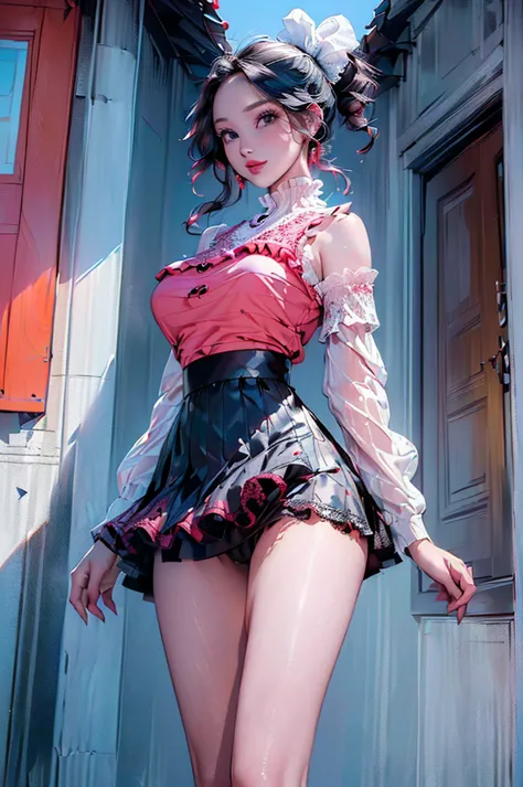 ((((high resolution, intricate details, masterpiece, 8k)))), (((beautiful, mini skirt, white skin, frills, lace, town, building)...