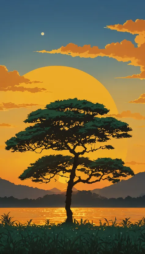 (minimalism:1.4), draw a simple tintin style art of a tree with orange fruits at sunset, clouds , studio ghibli art, miyazaki,  ...