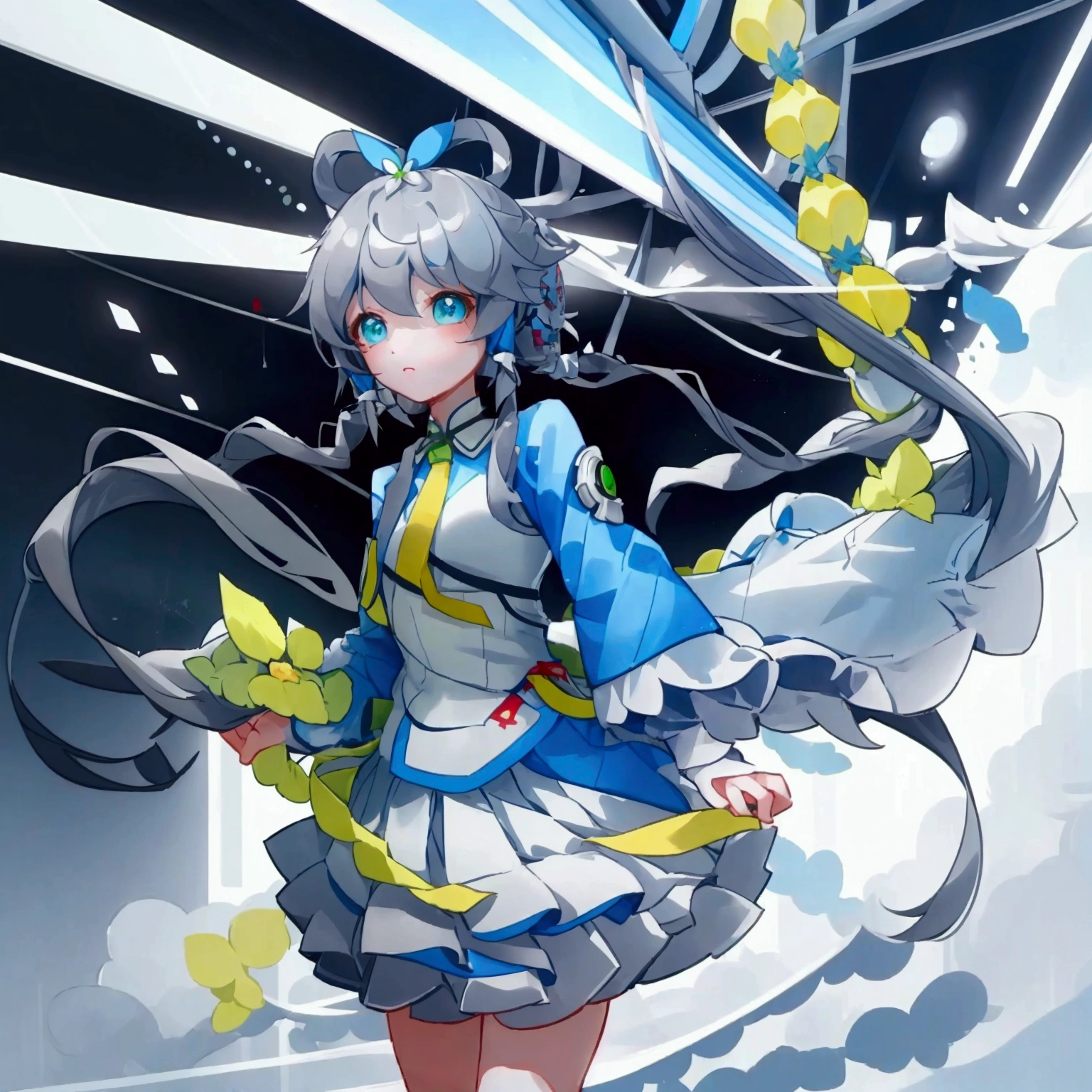 Let Luo Tianyi stand on the underground platform of Taipei Railway Station。Luo Tianyi&#39;s eyes are green, her gray-blue hair is tied in a knot, the knot on her chest is yellow, her skirt and clothes are light blue, and there happens to be a high-speed train stopping at the platform.