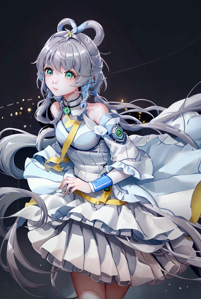 Let Luo Tianyi stand on the underground platform of Taipei Railway Station。Luo Tianyi&#39;s eyes are green, her gray-blue hair is tied in a knot, the knot on her chest is yellow, her skirt and clothes are light blue, and there happens to be a high-speed train stopping at the platform.