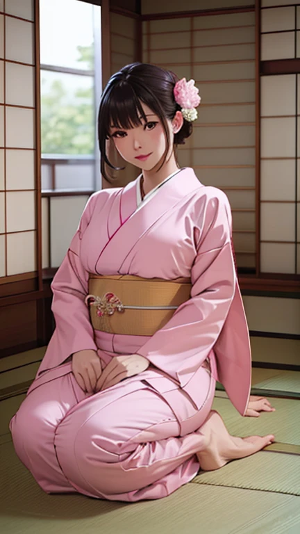 ((Best Quality)), ((masterpiece)), (detailed),Perfect Anatomy 1.5,Natural Light,Steam 1.3,Sweat all over the body,(((Full-body shot of a childlike woman on a tatami mat in a ryokan,Blushing and so cute))),Woman with long, supple black hair,Shiny hair,((Best Quality, 8k, masterpiece: 1.3, )),A well-balanced body is slim,Large Breasts,,Slim waist body line,length, Thin legs，length, Thin hands， detailedな顔, detailedな肌, fine grain, detailedな唇, detailedな舌, detailedな指, Mouth detailed, Beautiful teeth alignment,Realistic,  High resolution, Natural Light, Toned Legs, Double eyelids, Tear bags, Round eyes,Stick your tongue out,Wearing a pink yukata,A woman in a pink yukata is standing,detailedな浴衣,Skin exposure is modest1.8,Wearing white panties,No bra is worn,