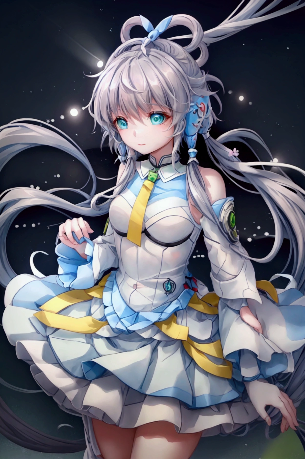 Let Luo Tianyi stand on the underground platform of Taipei Railway Station。Luo Tianyi&#39;s eyes are green, her gray-blue hair is tied in a knot, the knot on her chest is yellow, her skirt and clothes are light blue, and there happens to be a high-speed train stopping at the platform.