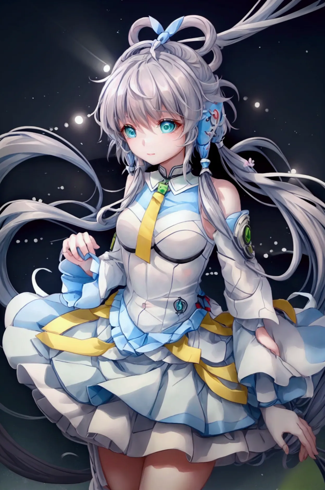 let luo tianyi stand on the underground platform of taipei railway station。luo tianyi&#39;s eyes are green, her gray-blue hair i...