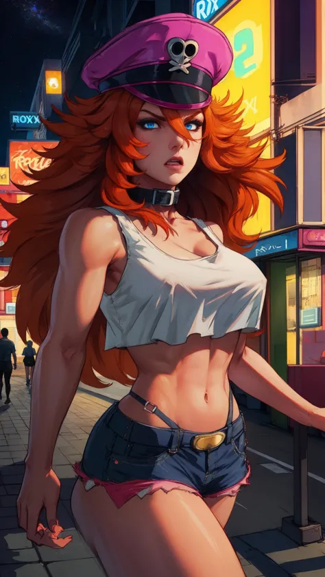 roxy,orange hair,blue eyes,long hair,white crop top,collar,short shorts, peaked cap, upper body,walking, nice shoes,looking at v...