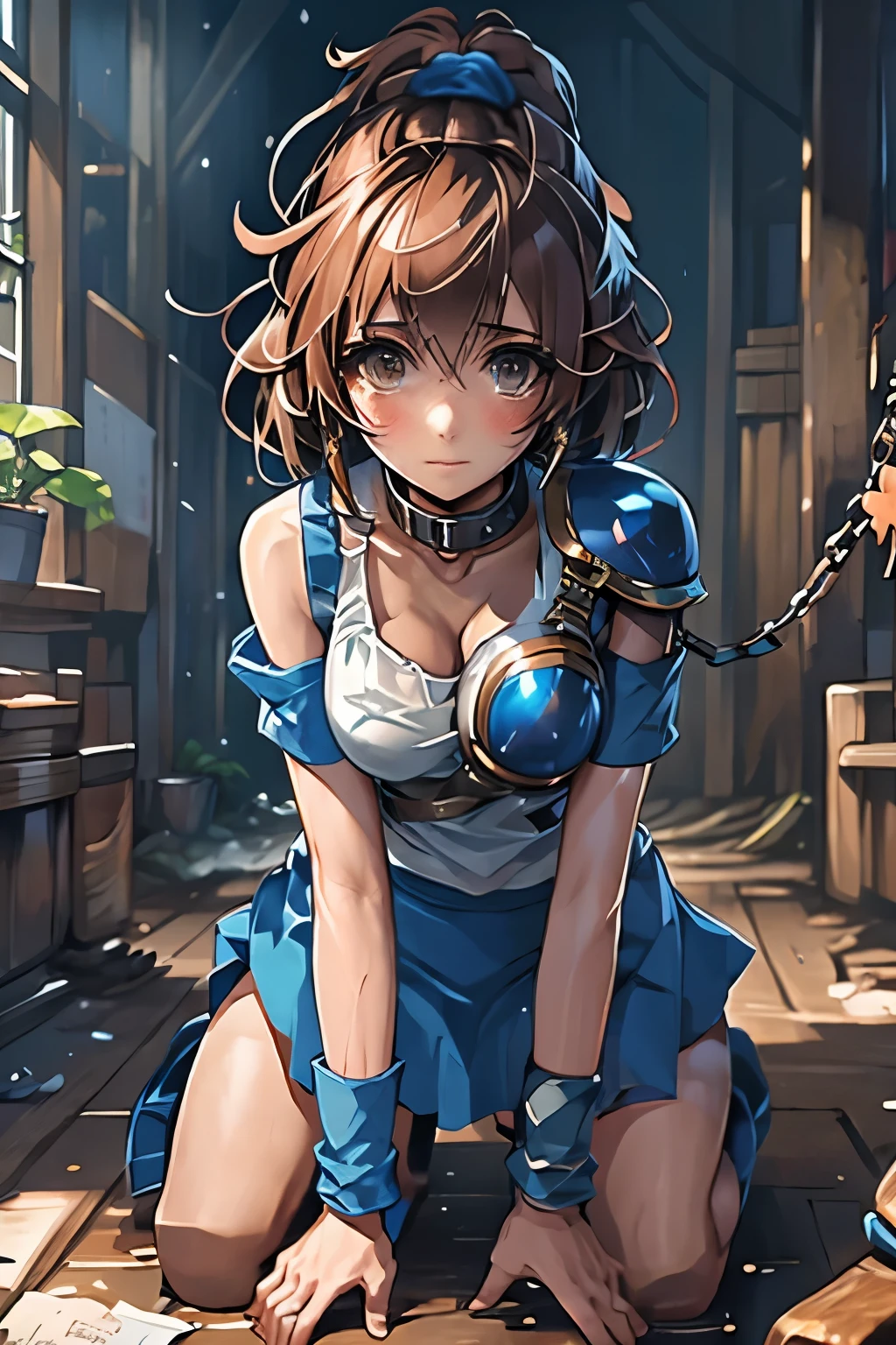 （（（ＳＦＷ、sound、Highest quality、first-clasasterpiece、Normal body、8k、Detailed face、Ultra-precision、Normal hand、Normal finger、５finger、Highest）））、beautiful girl、Brown Hair、Bobcut、slender、low length、thin feet、Arle Naja、Puyo Puyo、Sorcerer、Blue short-sleeved shirt、White tank top、Tank top over shirt、Blue mini skirt、Half shoulder pad、Half Breastplate、Apprentice Mage、slave、Panty shot、Skirts roll up、I see white pants、Collar、Lead to Collar、slaveのCollar、CollarChain、ChainBondage、Chained、A lot of chains、A lot of chains、CrossBondage、On all fours、blush、Embarrassing、Estrus、Ripped shirt、Torn Skirt、Tattered clothes、Torn clothes、soaked、Wet、Soaking wet、See-through shirt、Transparent nipples、Nipple erection、cage、cageの中、cageに入れられた、Chained、cageの中でOn all fours