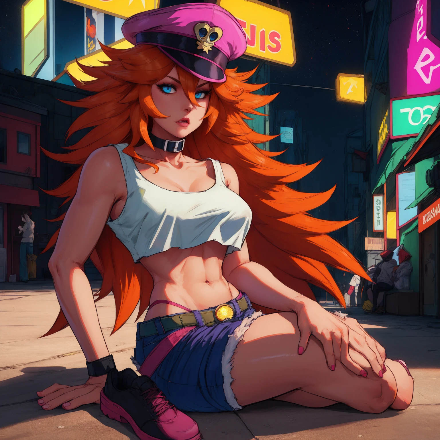 roxy,orange hair,blue eyes,long hair,white crop top,collar,short shorts, peaked cap, upper body,sitting on the floor, nice shoes,looking at viewer, night,neon lights,streets, (insanely detailed, masterpiece, best quality),solo,