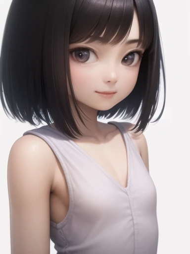 1 girl、8k、((best quality)), ((masterpiece)), (Detailed), Perfect Face. Asian Girl. smile. Black Hair. Anatomically correct, , High Resolution Model,  Ultra-high resolution, Textured skin, Thin arms,White Shoulders,Short Bob,(Flat Chest:1.6)