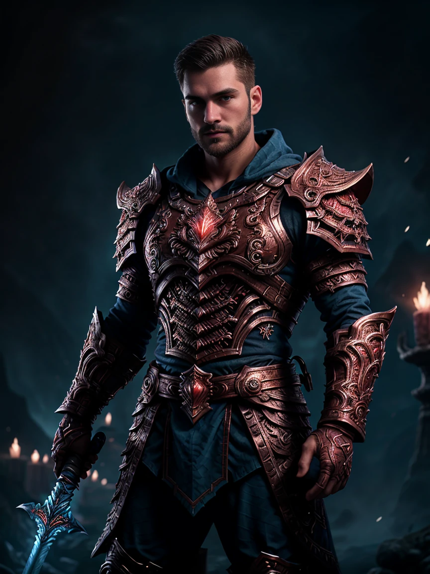 1man, A shot of a muscle wizard, 30 years old，small beard, Sexy and charming expression，gloomy eyes，Blue eyes, emb3r4rmor, shirtless, wearing embers greaves, dynamic pose, with red radiant light, hands emanating potent light magic. The scene is set in a dark and mysterious cityscape, bloodborne, illuminated by the glow of the paladin's sword. The composition is expertly crafted, with breathtaking attention to detail and cinematic lighting. The overall aesthetic is reminiscent of Fujifilm photography, capturing the beauty and depth of the scene