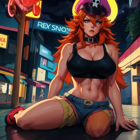 roxy,orange hair,blue eyes,long hair,white crop top,collar,short shorts, peaked cap, upper body,sitting on the floor, nice shoes...