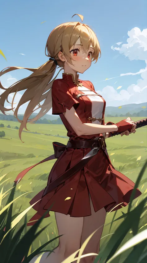 silica,(((one girl,1 male))),sword art online,(photograph:1.3), detailed, silica，  grassland, red dress, (high praise, attractiv...