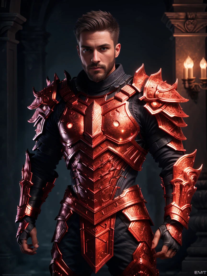 1man, A shot of a charismatic male fitness model, 30 years old，small beard, Sexy and charming expression，gloomy eyes，Blue eyes, captured in a castle, emb3r4rmor, wearing a embers spartan armor, dynamic pose, night lighting, cinematic and moody, (best quality,4k,8k,highres,masterpiece:1.2),ultra-detailed,(realistic,photorealistic,photo-realistic:1.37),HDR,studio lighting,professional,vivid colors,dramatic lighting