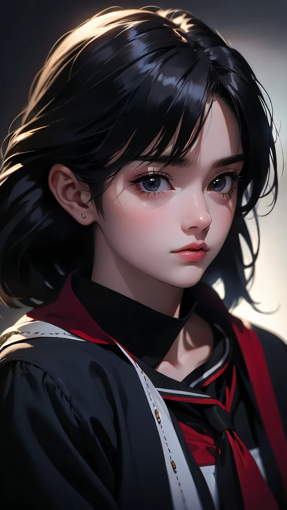 ((Masterpiece)), envision a 8k, highres, cinematic, semi realistic close up portrait of a girl with a slender body, strong face, older mature face, black hair, side locks, long bangs, black eyes, black sailor uniform, ((((1girl)))), in dark lighting, against a dark gray background