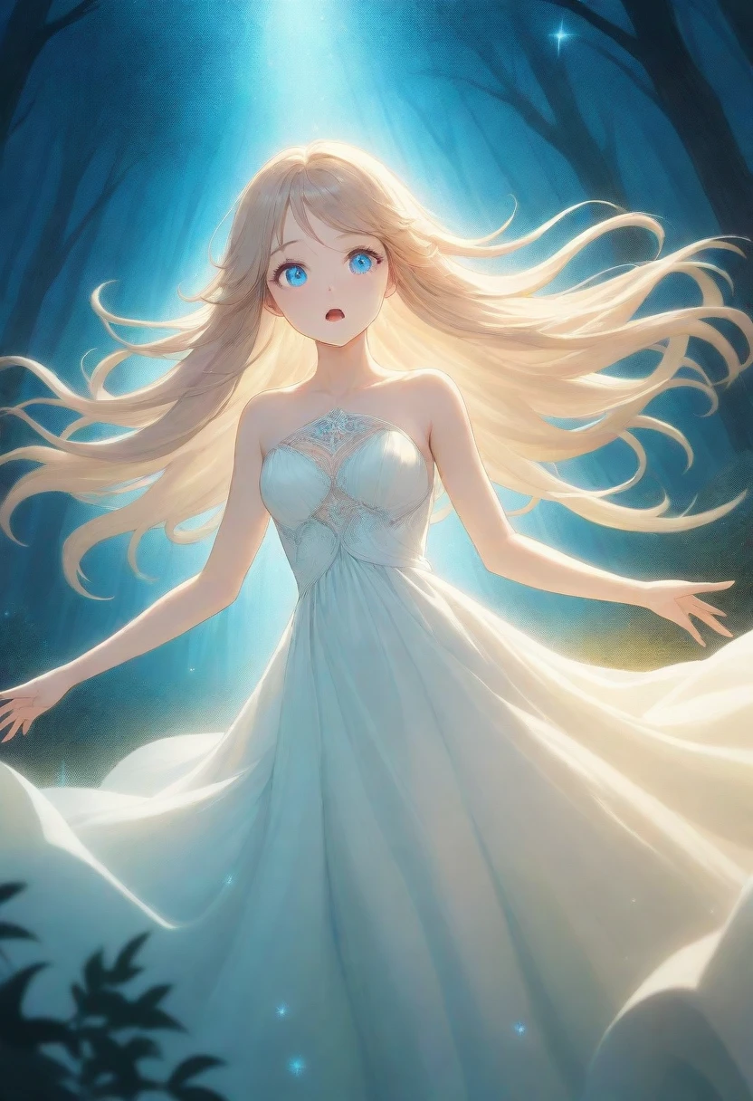 (masterpiece, best quality,dynamic angle,Dutch angle shot),1women,Magical Transformation, Bright and Ethereal,long wavy golden hair, glowing with soft light, large round blue eyes, surprised expression, fair skin with a subtle glow, slender build, flowing white gown, floating mid-air, arms outstretched, surrounded by sparkling magic particles, glowing forest background, soft pastel color palette, warm light, medium angle, serene and mystical atmosphere