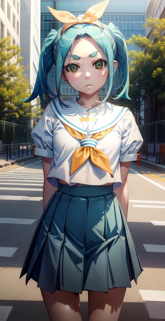 High resolution, HD, best quality, extremely detailed, masterpiece (best quality), 1 girl, Ononoki Yotsugi, Green hair, pigtails, (teenager), ((white and blue sailor school uniform)), slim body, (medium breasts), (expressionless face), natural lighting, RTX, beautiful (detailed face : 1.2), shop window (perfect eyes : 1.1), 8k uhd, looking at viewer, (schoolyard), sunny day