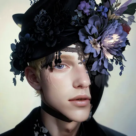 there is a blonde man with a hat with flowers on it, wearing a large, intricate black floral headpiece with detailed beadwork, p...