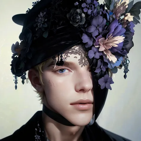 there is a blonde man with a hat with flowers on it, wearing a large, intricate black floral headpiece with detailed beadwork, p...