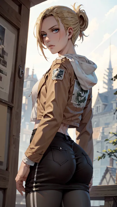 masterpiece, best quality, ultra-detailed, annie_leonhardt, 1girl, milf, mature face, thick, solo, long sleeves, jacket, open cl...