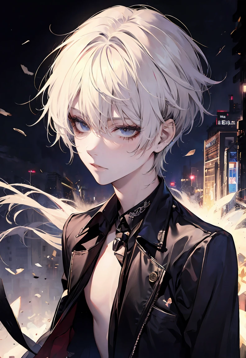 One male character, adult male, bishonen, handsome, goth, pale skin, black hair, goth punk black clothes, jewlery with crosses and goth themes, mysterious vibe, soft smile, graceful pose, elegant, urban background, messy hair, fixing his hair with a hand, post punk inspiration