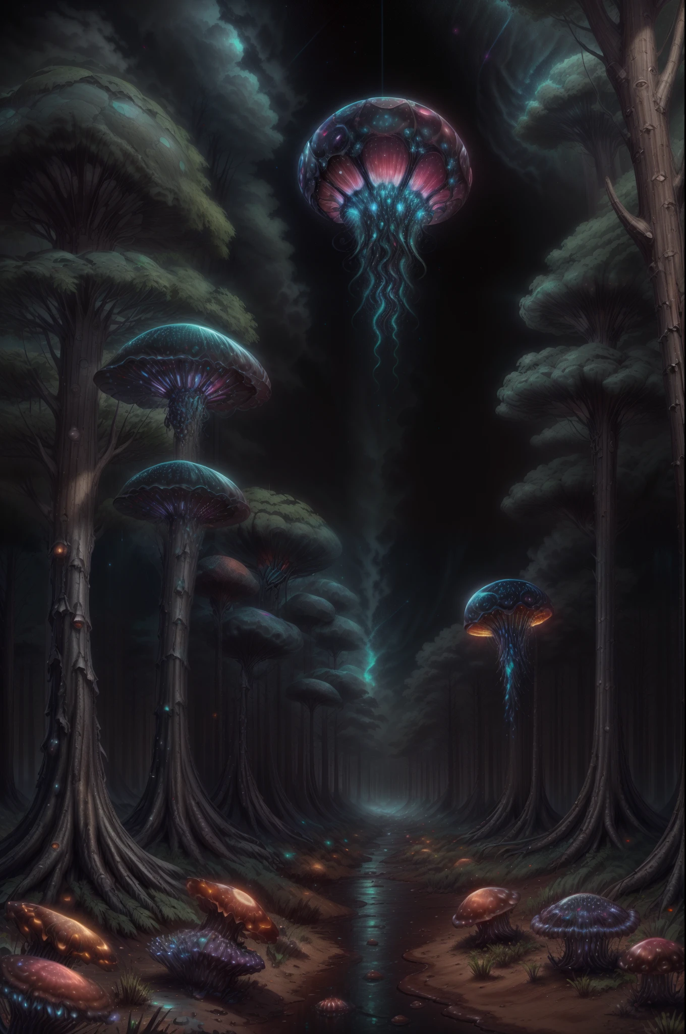 jellyfish swimming in a pine forest with magic mushrooms, starry sky and nebulae, digital art, psychedelic theme, vivid colors, saturated colors