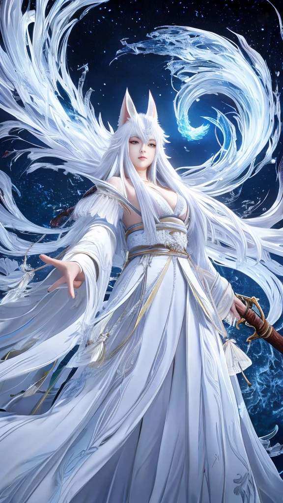 snowfield,a japanese woman,White long hair shawl,wolf headdress,Furry wolf ears,Large Breasts,Beautiful figure,Wearing white jumpsuit,Wearing a white cloak,Holding a long battle ax,Followed by the big white wolf