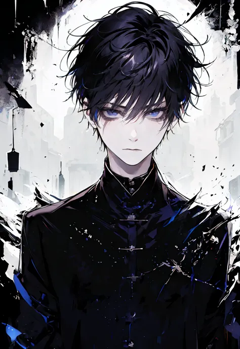 one male character, adult male, bishonen, handsome, pale skin, black hair, dark hair, dark eyes, goth urban black clothes, jewle...