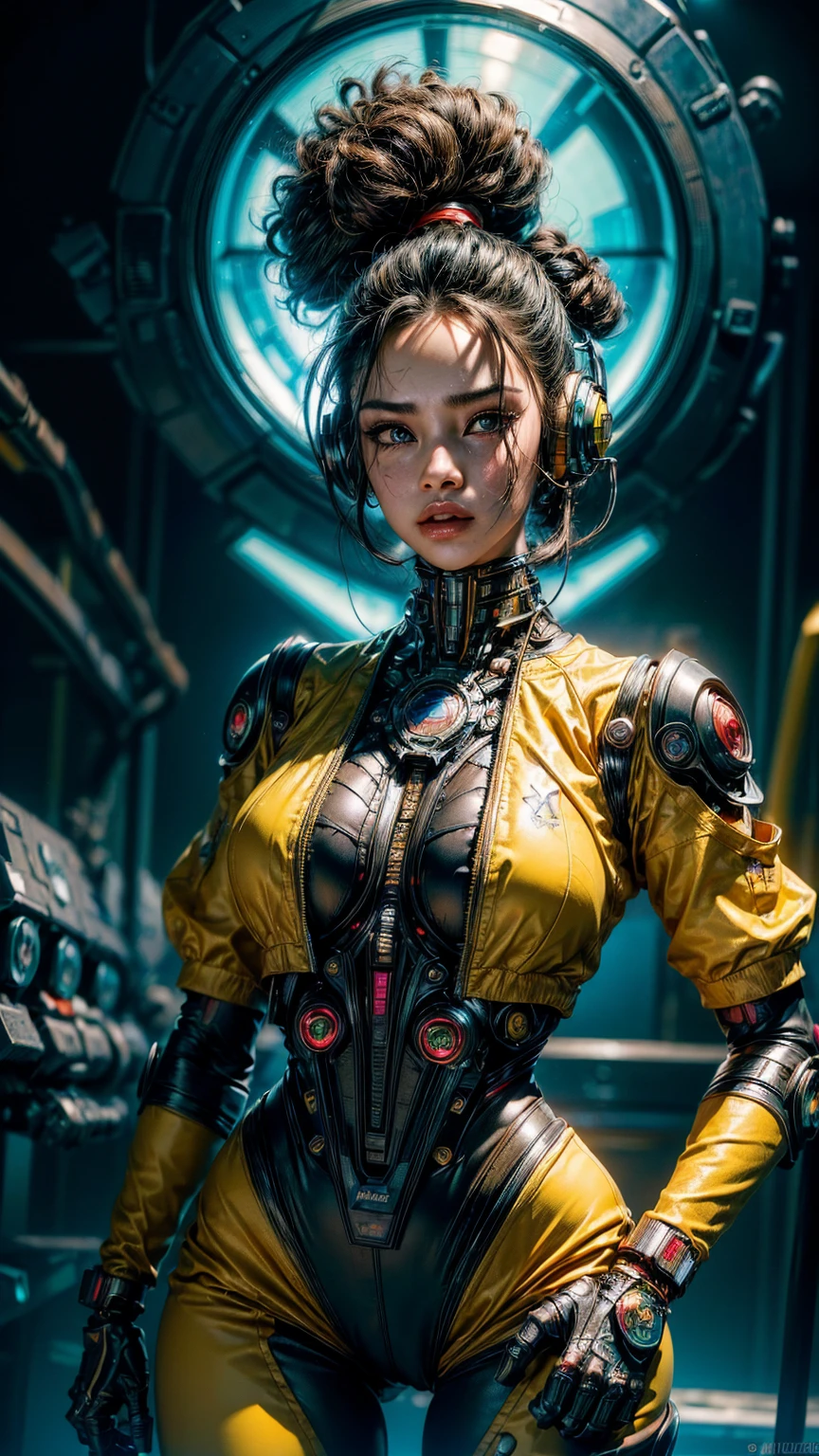 (The best quality,A high resolution,Ultra - detailed,actual),Selena Gómez with headphones on and a (yellow outfit:1.4) , (afrofuturism style:1.4) , afrofuturism, rossdraws | afrofuturism, Beeple. hyperrealism, (style hybrid mix of Beeple:1.4) , cinematic Beeple, realism | Beeple, afrofuturistic, Beeple daily art, cyberpunk art ultrarealistic 8k, cyberpunk vibrant colors,(Selena Gómez :1.4), (cinematic lighting :1.4), (perfect anatomy :1.4), ,(Fondo de ruinas de mazmorra en ruinas cyberpunk :1.4 ), (pose dinámica vaquero), (face detailed Selena Gómez :1.4), (Five Fingers, Four fingers and thumb),(cyborg yellow mecánica transparente plastic :1.4), ,(Fondo de ruinas de mazmorra en ruinas:1.4 )